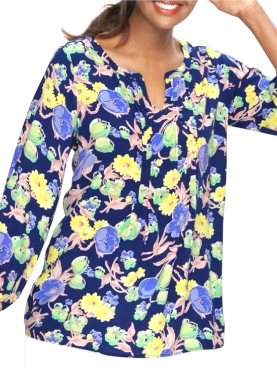 Talbots Tops - Talbots Sz MEDIUM Navy Yellow Floral Split-Neck Pintuck Pleat 3/4 Sleeve Blouse